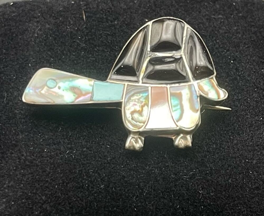 Zuni Sterling Silver Inlay Turtle Pendant Brooch Turquoise Onyx Abalone 3D Pin
